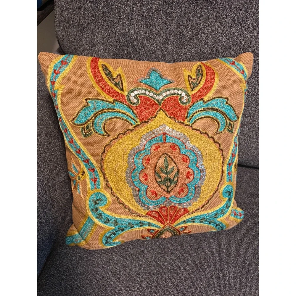 intricately Embroidered Beaded Sequined Pillow-18